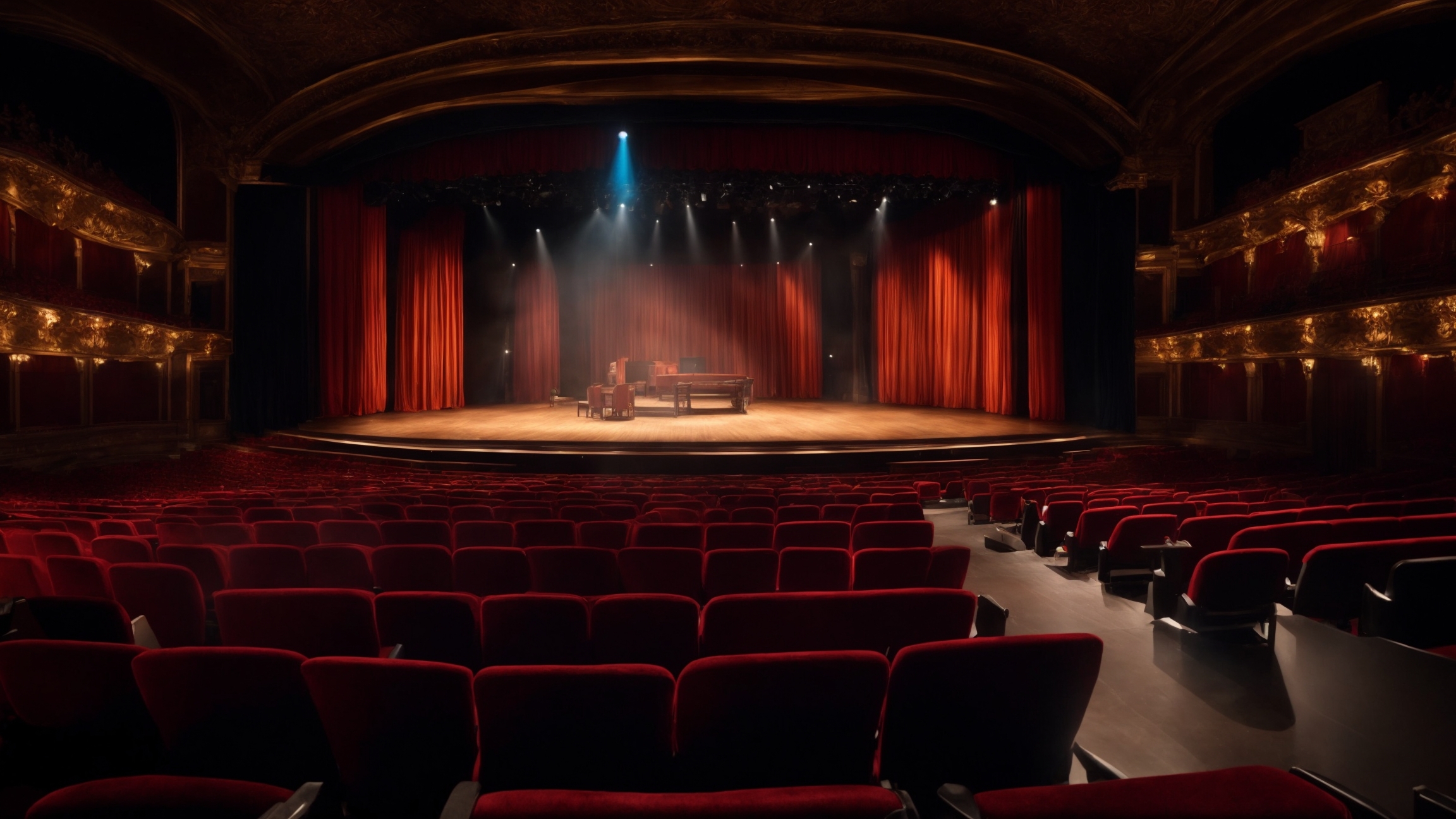Theater stage with dramatic lighting and actors performing live show