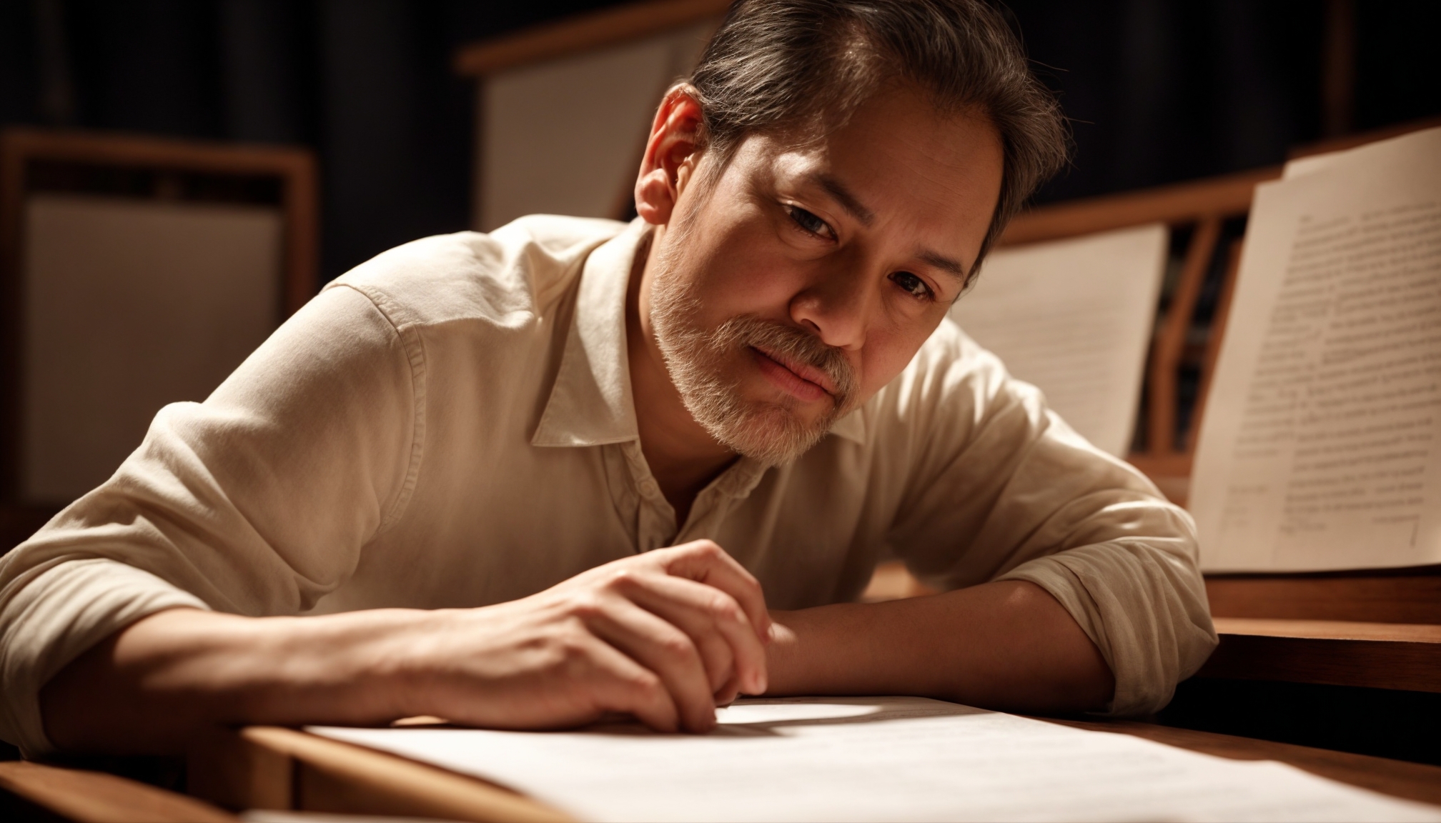 Theater director reviewing scripts at a production desk on a dramatic rehearsal stage
