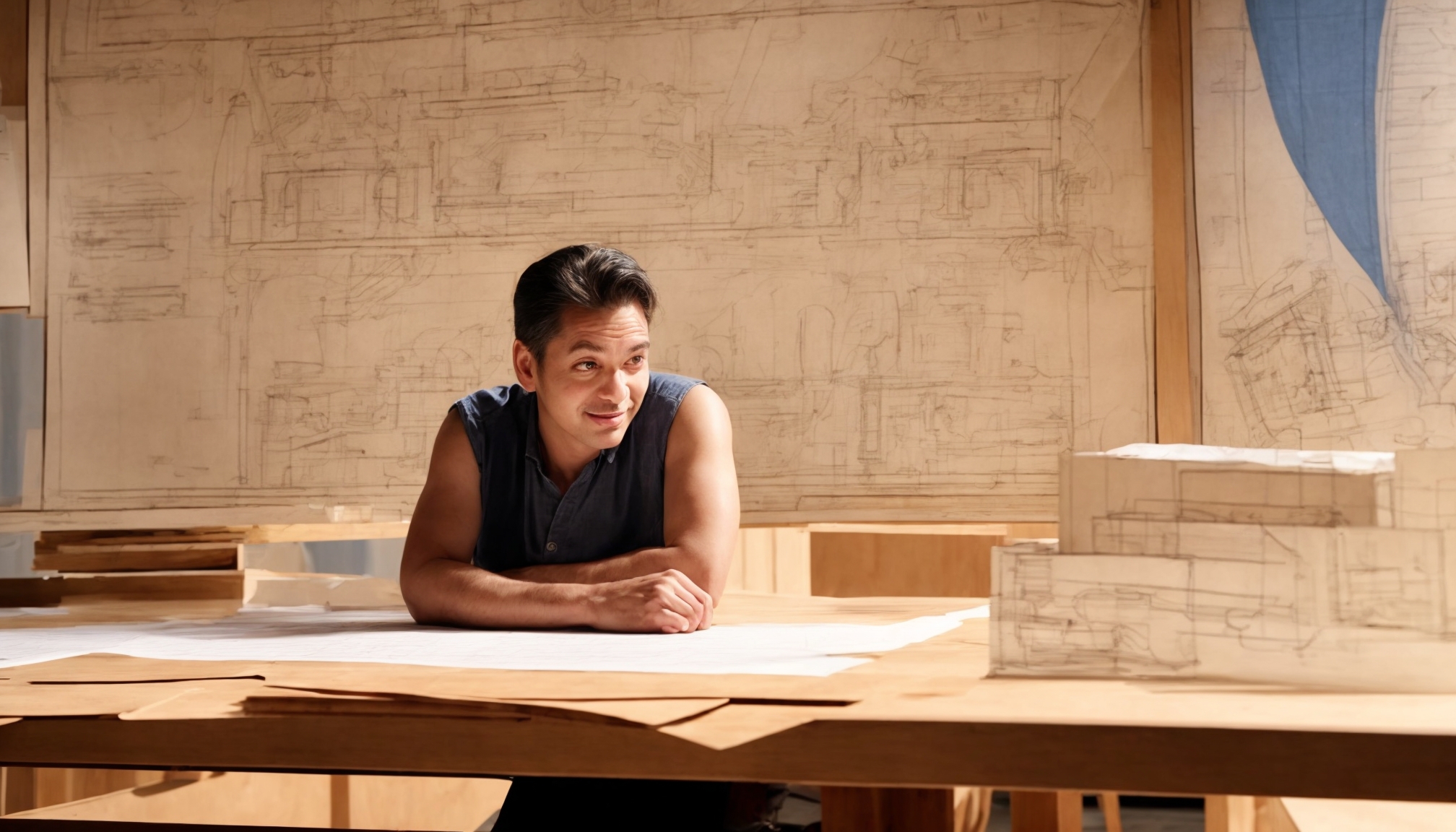 Stage director reviewing blueprints backstage at a grand world-class theater venue