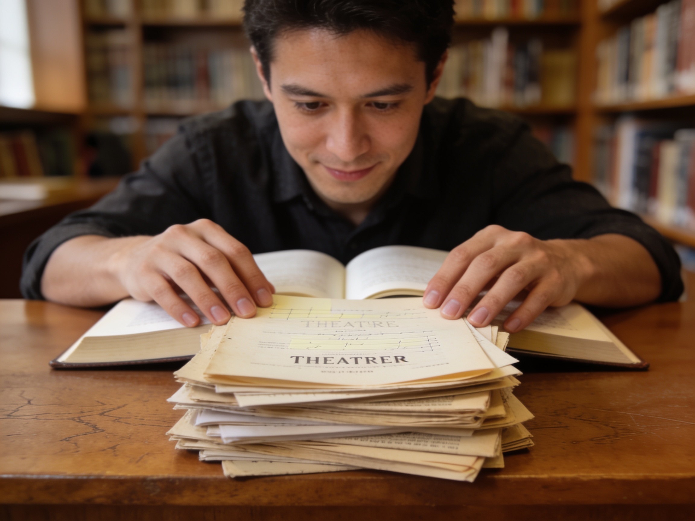Person organizing vintage theater scripts on a desk