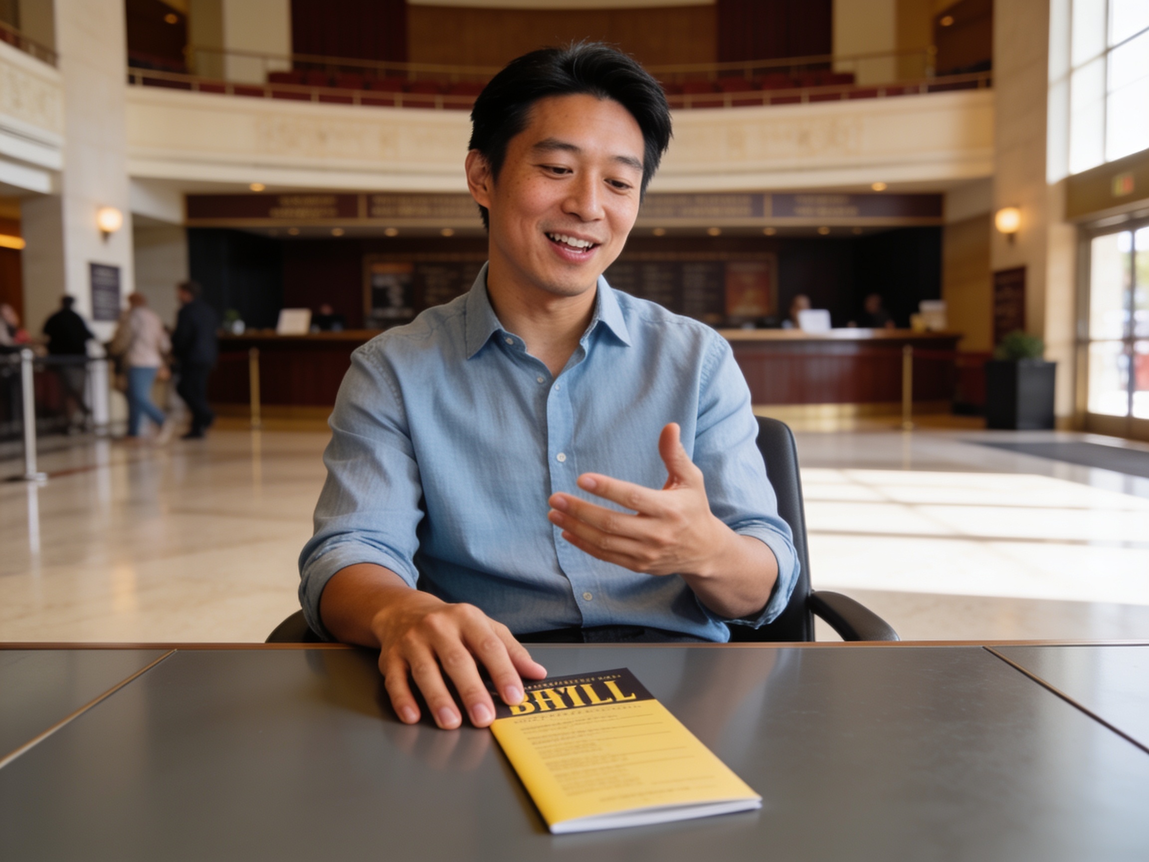 Asian American theater critic analyzing a playbill for latest world theater performances.