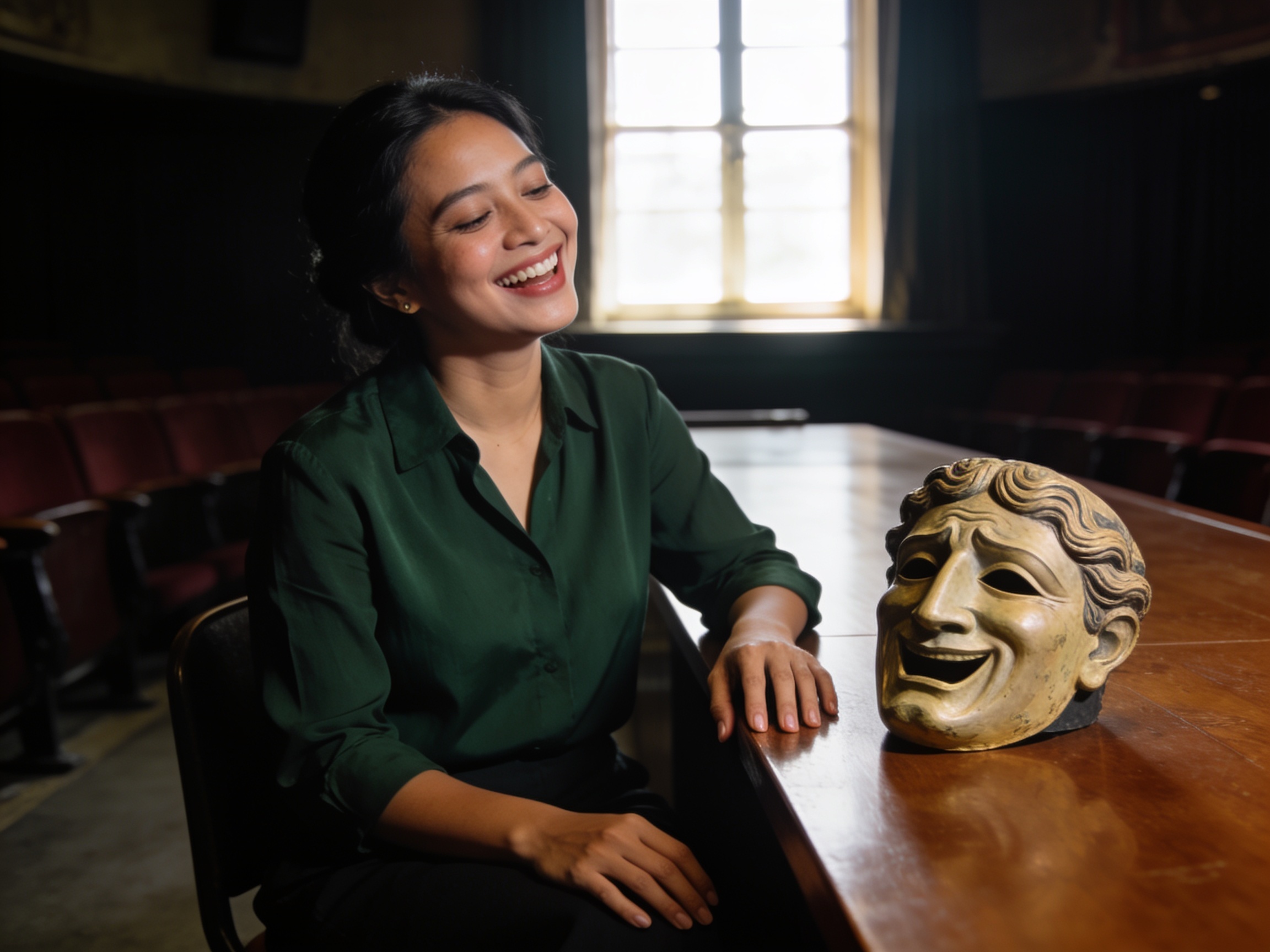 Researcher examining vintage theater mask while studying global theater arts history