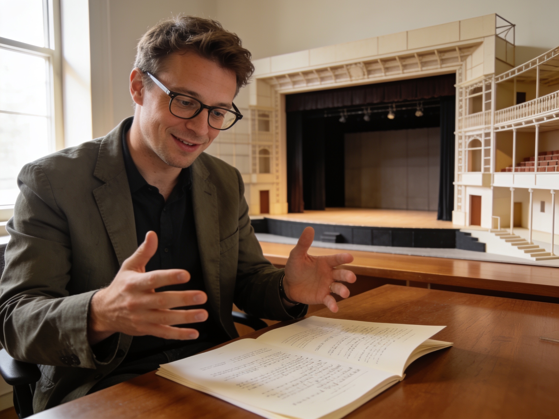 Director reviewing a script for latest global theater productions