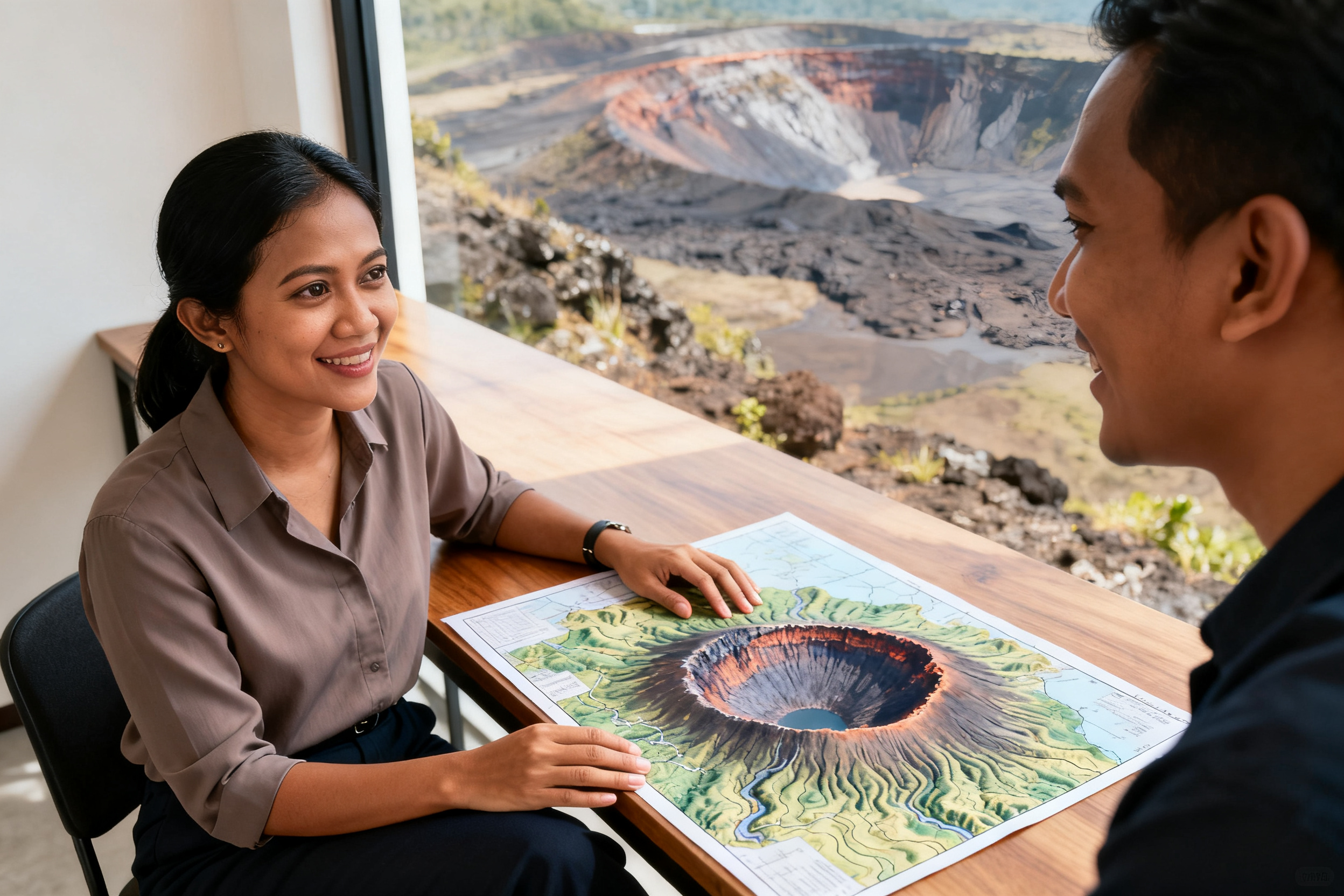 unique natural phenomena facts illustrated by Indonesian researcher studying volcanic map in field